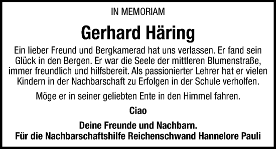 Traueranzeige von Gerhard Häring von Hersbrucker Zeitung Lokal