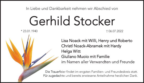 Traueranzeige von Gerhild Stocker von Hersbrucker Zeitung Lokal