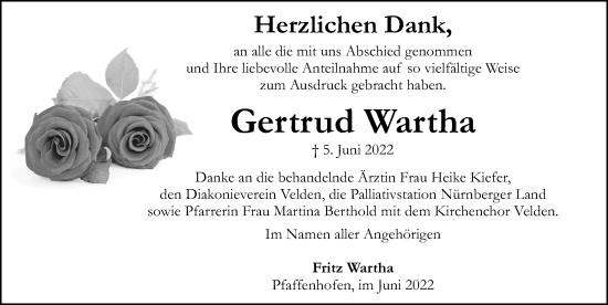 Traueranzeige von Gertrud Wartha von Hersbrucker Zeitung Lokal