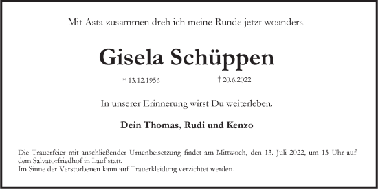 Traueranzeige von Gisela Schüppen von Pegnitz-Zeitung
