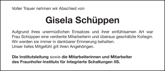 Traueranzeige von Gisela Schüppen von Pegnitz-Zeitung