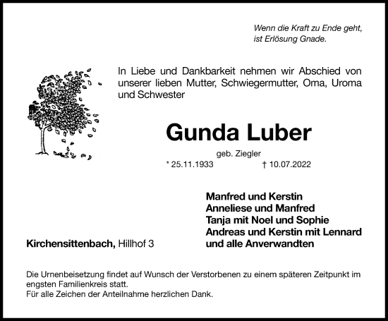 Traueranzeige von Gunda Luber von Hersbrucker Zeitung Lokal