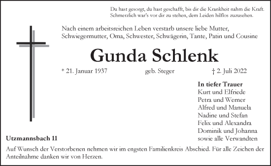 Traueranzeige von Gunda Schlenk von Pegnitz-Zeitung