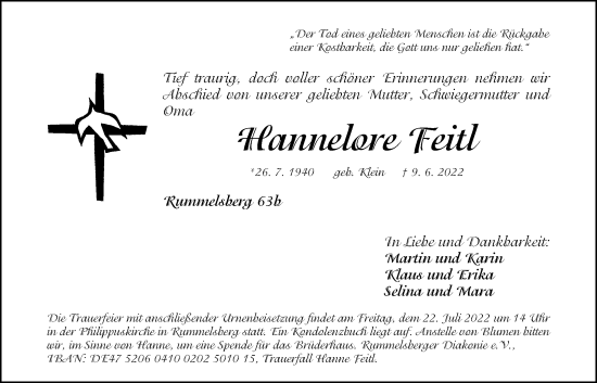 Traueranzeige von Hannelore Feitl von Der Bote