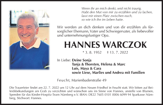 Traueranzeige von Hannes Warczok von Der Bote