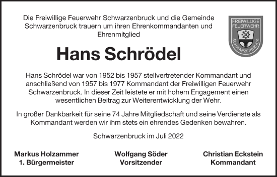 Traueranzeige von Hans Schrödel von Der Bote