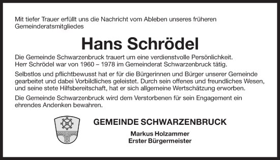 Traueranzeige von Hans Schrödel von Der Bote