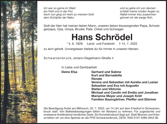 Traueranzeige von Hans Schrödel von Der Bote