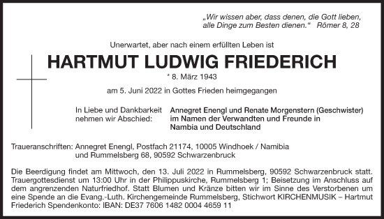 Traueranzeige von Hartmut Ludwig Friederich von Der Bote