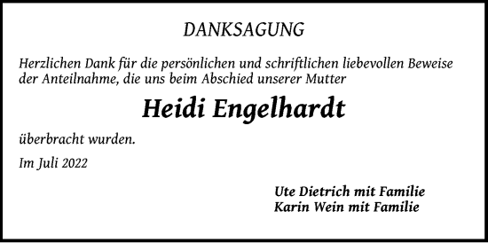 Traueranzeige von Heidi Engelhardt von Hersbrucker Zeitung Lokal