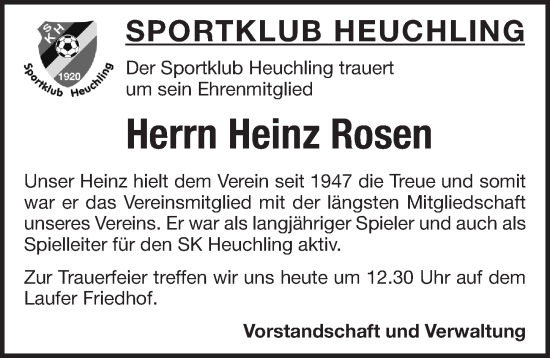 Traueranzeige von Heinz Rosen von Pegnitz-Zeitung