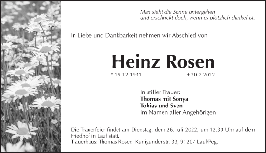Traueranzeige von Heinz Rosen von Pegnitz-Zeitung