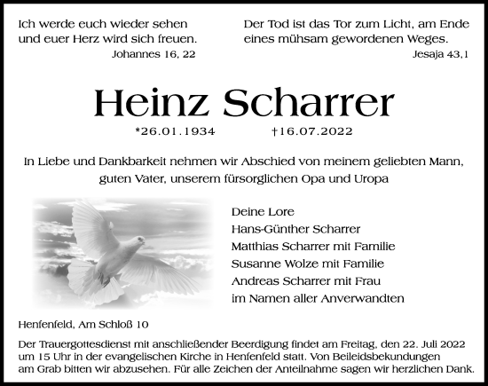 Traueranzeige von Heinz Scharrer von Hersbrucker Zeitung Lokal