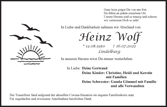Traueranzeige von Heinz Wolf von Der Bote