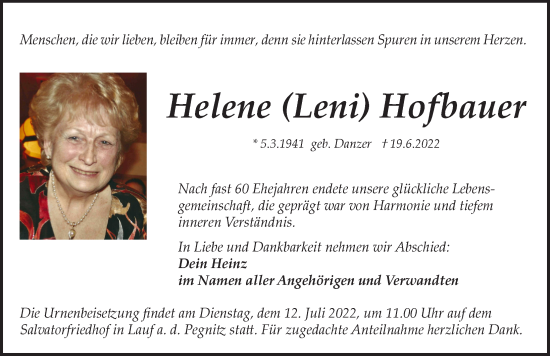 Traueranzeige von Helene Hofbauer von Pegnitz-Zeitung