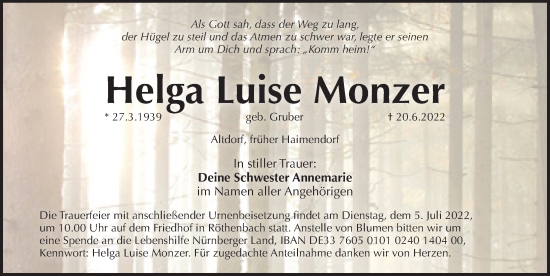 Traueranzeige von Helga Luise Monzer von Pegnitz-Zeitung