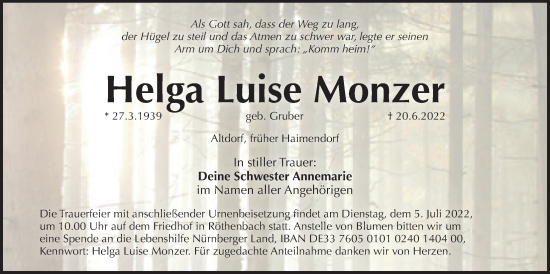 Traueranzeige von Helga Luise Monzer von Der Bote