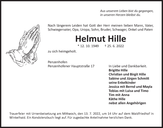 Traueranzeige von Helmut Hille von Der Bote