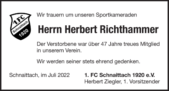 Traueranzeige von Herbert Richthammer von Pegnitz-Zeitung
