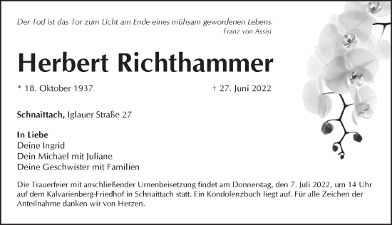 Traueranzeige von Herbert Richthammer von Pegnitz-Zeitung
