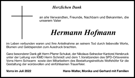 Traueranzeige von Hermann Hofmann von Hersbrucker Zeitung Lokal