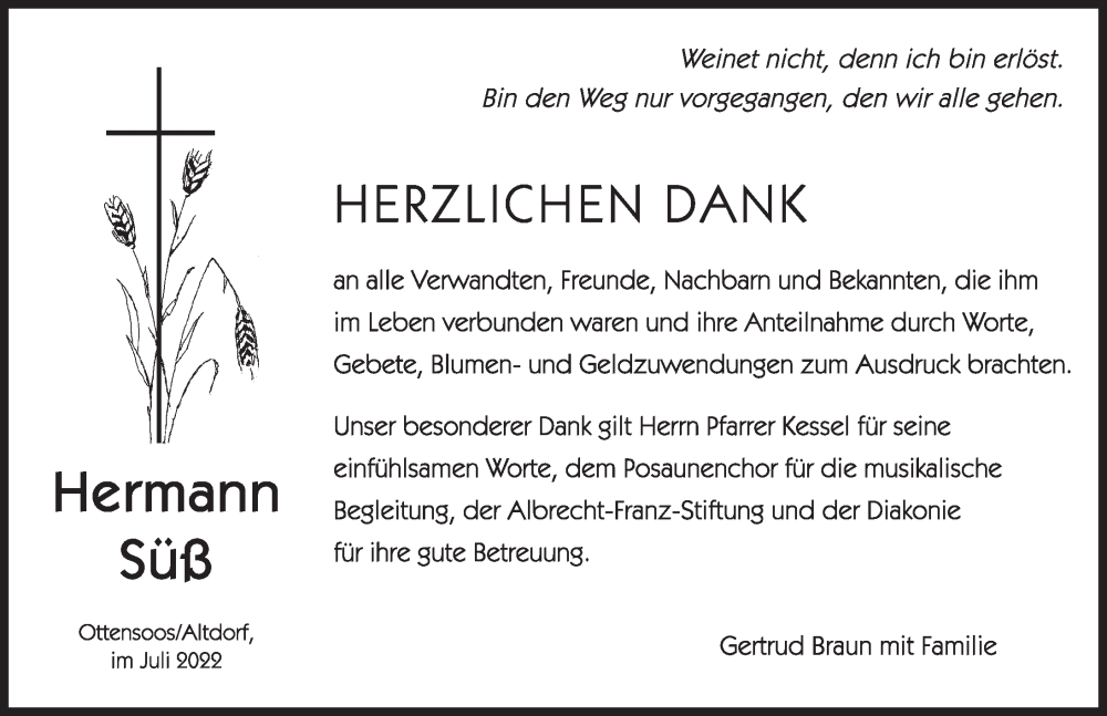  Traueranzeige für Hermann Süß vom 02.07.2022 aus Pegnitz-Zeitung