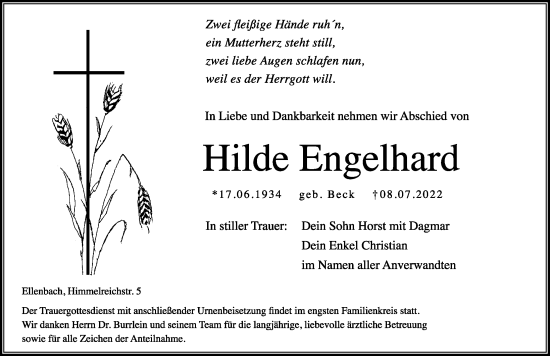 Traueranzeige von Hilde Engelhard von Hersbrucker Zeitung Lokal