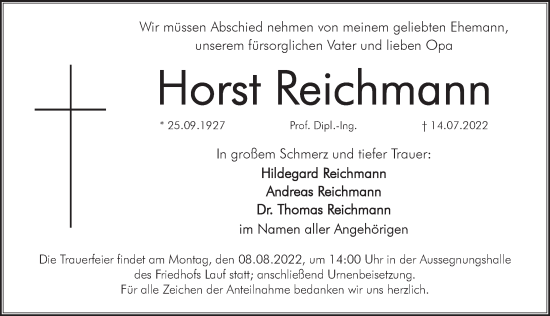 Traueranzeige von Horst Reichmann von Pegnitz-Zeitung