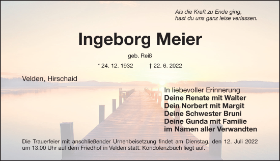 Traueranzeige von Ingeborg Meier von Hersbrucker Zeitung Lokal