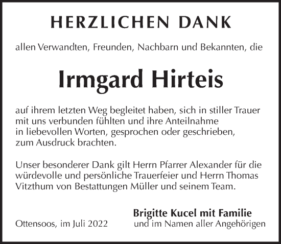 Traueranzeige von Irmgard Hirteis von Pegnitz-Zeitung