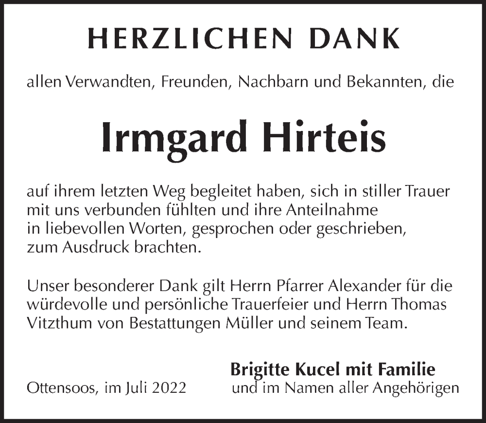  Traueranzeige für Irmgard Hirteis vom 02.07.2022 aus Pegnitz-Zeitung