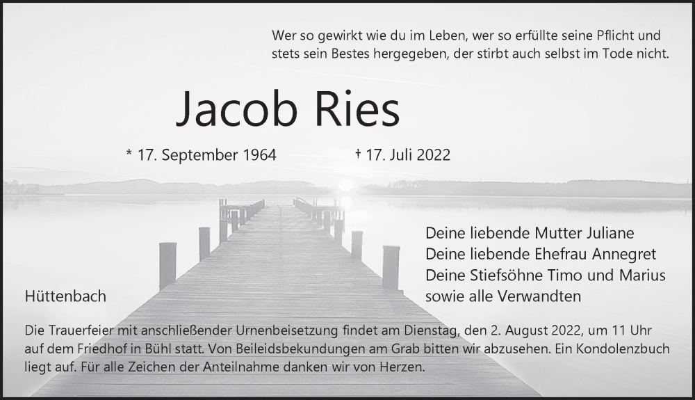  Traueranzeige für Jacob Ries vom 27.07.2022 aus Pegnitz-Zeitung