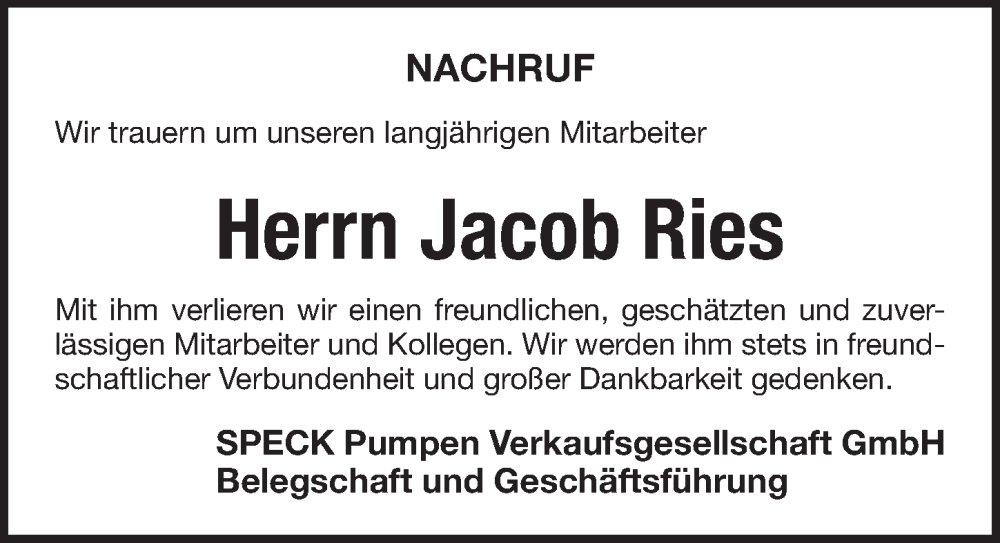  Traueranzeige für Jacob Ries vom 27.07.2022 aus Pegnitz-Zeitung