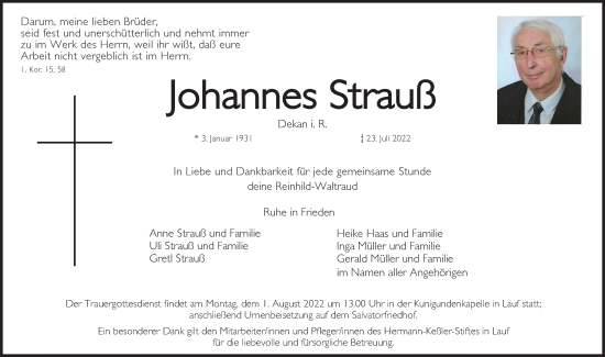 Traueranzeige von Johannes Strauß von Pegnitz-Zeitung