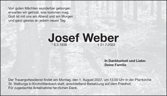 Traueranzeige von Josef Weber von Pegnitz-Zeitung