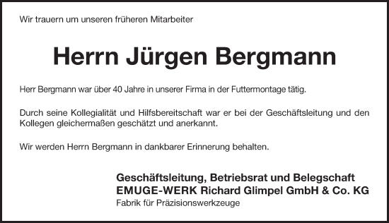 Traueranzeige von Jürgen Bergmann von Pegnitz-Zeitung