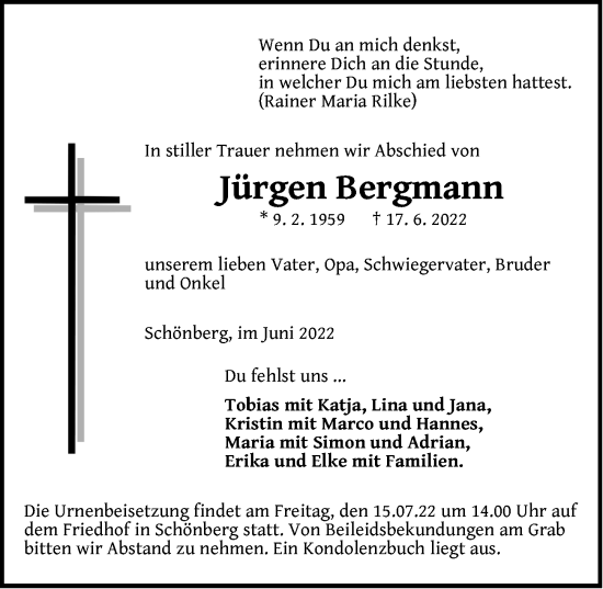 Traueranzeige von Jürgen Bergmann von Pegnitz-Zeitung