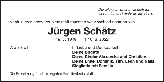 Traueranzeige von Jürgen Schätz von Der Bote