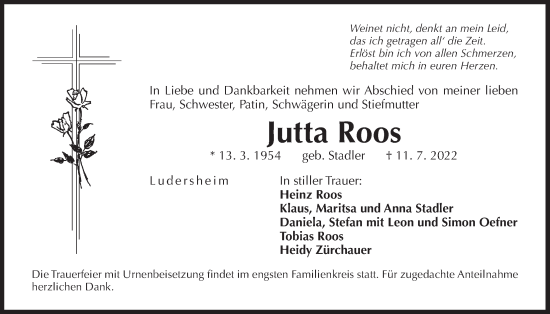 Traueranzeige von Jutta Roos von Der Bote