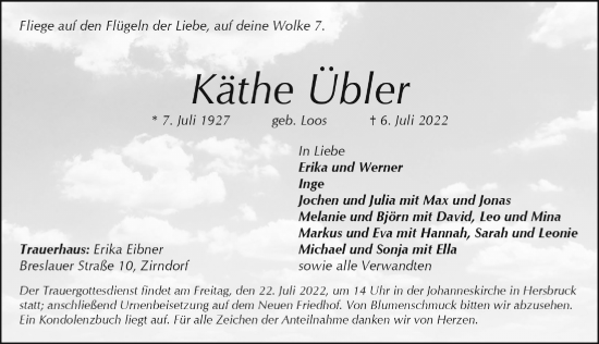 Traueranzeige von Käthe Übler von Hersbrucker Zeitung Lokal