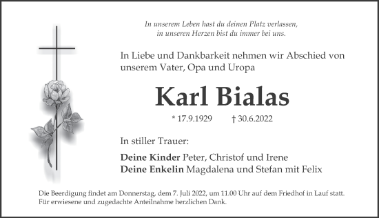 Traueranzeige von Karl Bialas von Pegnitz-Zeitung