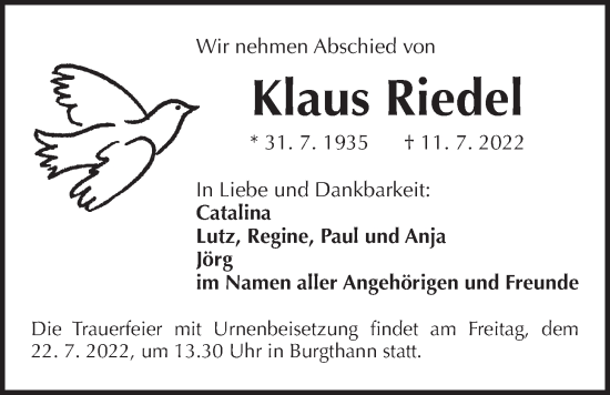 Traueranzeige von Klaus Riedel von Der Bote