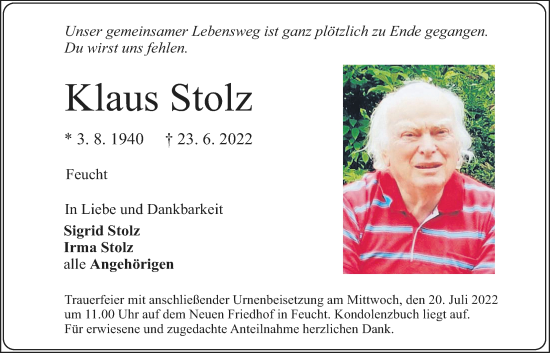 Traueranzeige von Klaus Stolz von Der Bote