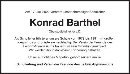 Traueranzeige von Konrad Barthel von Der Bote