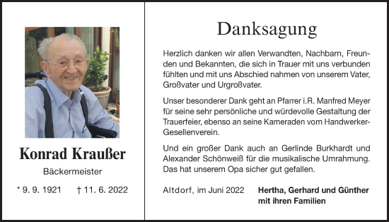 Traueranzeige von Konrad Kraußer von Der Bote