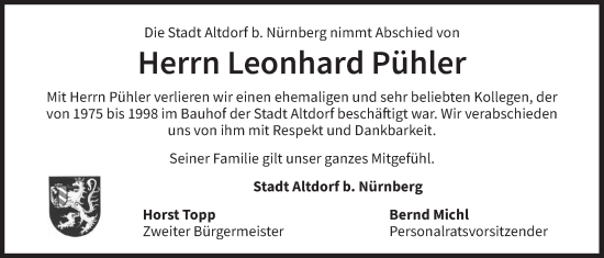 Traueranzeige von Leonhard Pühler von Der Bote