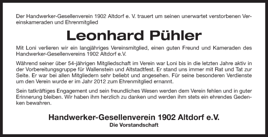 Traueranzeige von Leonhard Pühler von Der Bote