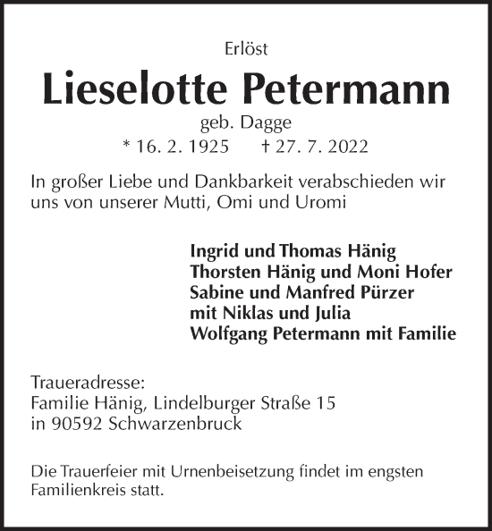 Traueranzeige von Lieselotte Petermann von Der Bote