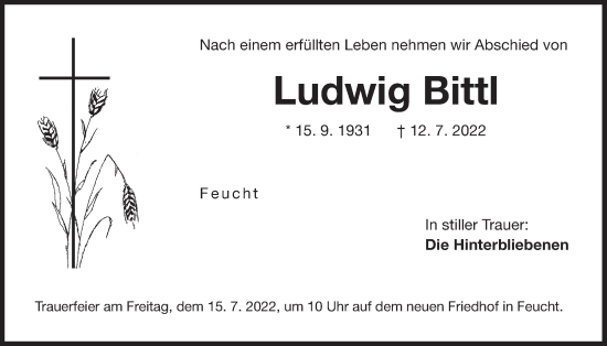 Traueranzeige von Ludwig Bittl von Der Bote