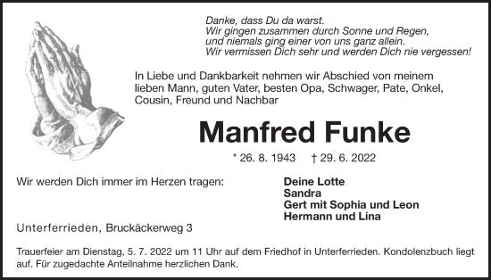Traueranzeige von Manfred Funke von Der Bote